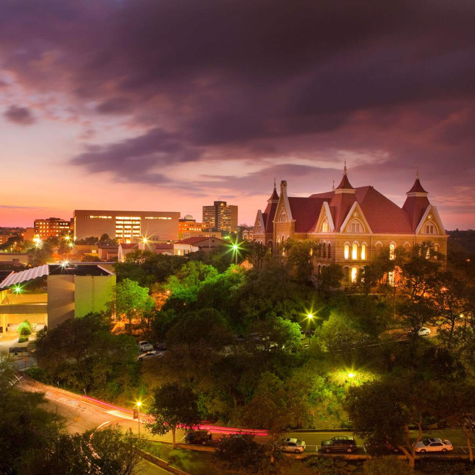 Texas State University at night with lights on